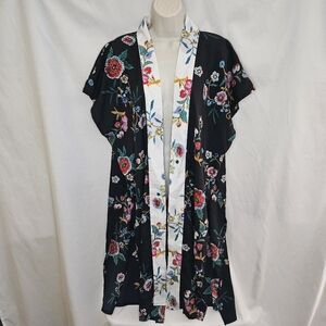 Womens Modena Black Floral Open Side Slit Midi Kimono Robe Top Coverup One Size